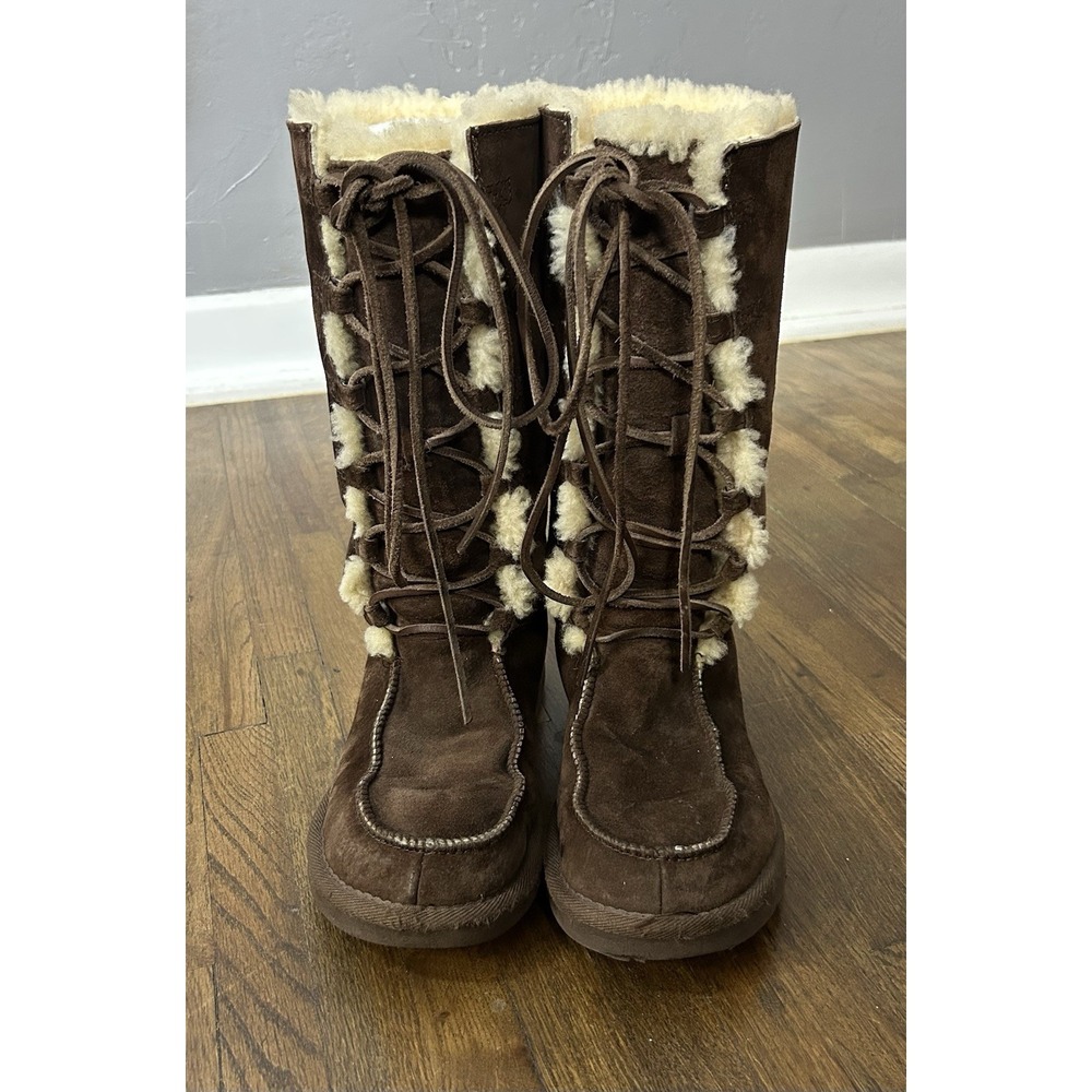 Tall UGG Whitley Brown Moccasin Boots Sheepskin Suede Leather Lace Size 7